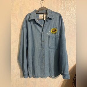 Vintage Marjolein Bastin Sunflower Embroidered Denim Button Down Shirt, Sz XL